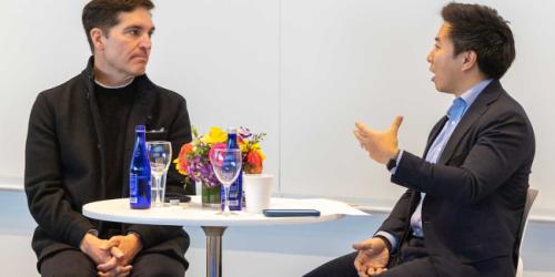 Friday, April 4, 2025 AI in Media Conference  Dan Wang speaking with another panelist at the AI in Media Conference